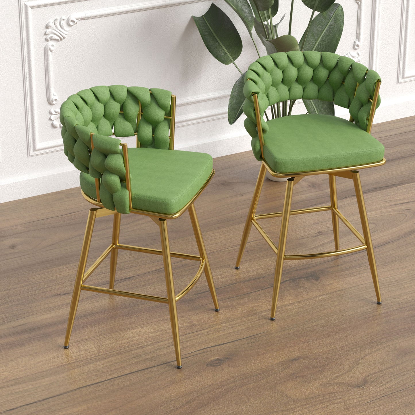 Bar Chair Linen Woven Bar Stool Set of 2, (Green)