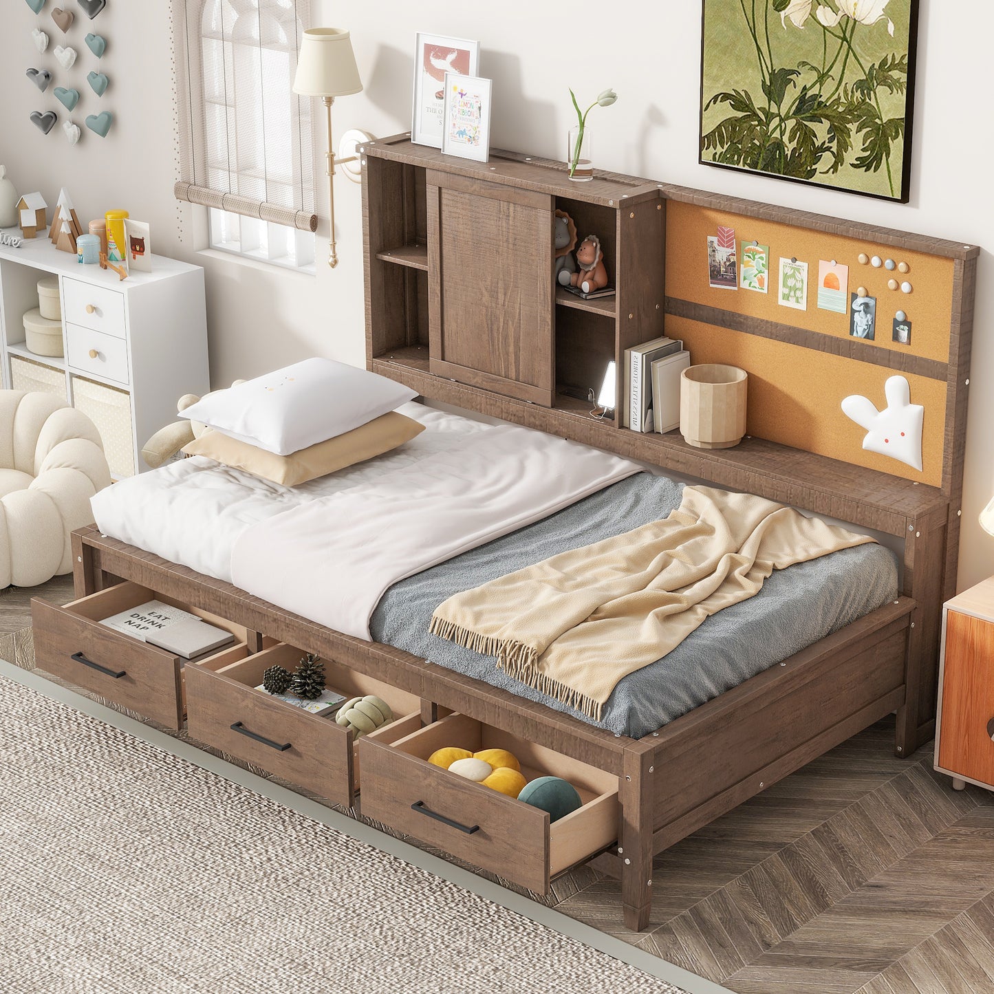 Twin Size Lounge Daybeds, USB Ports and 3 Drawers, Antique Wood Color