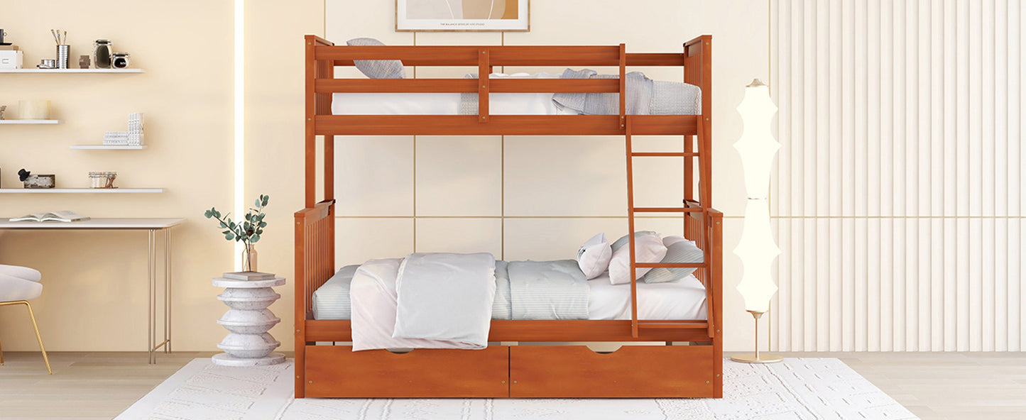 Brown- Twin-Over-Full Bunk Bed with Ladders and Two Storage Drawers