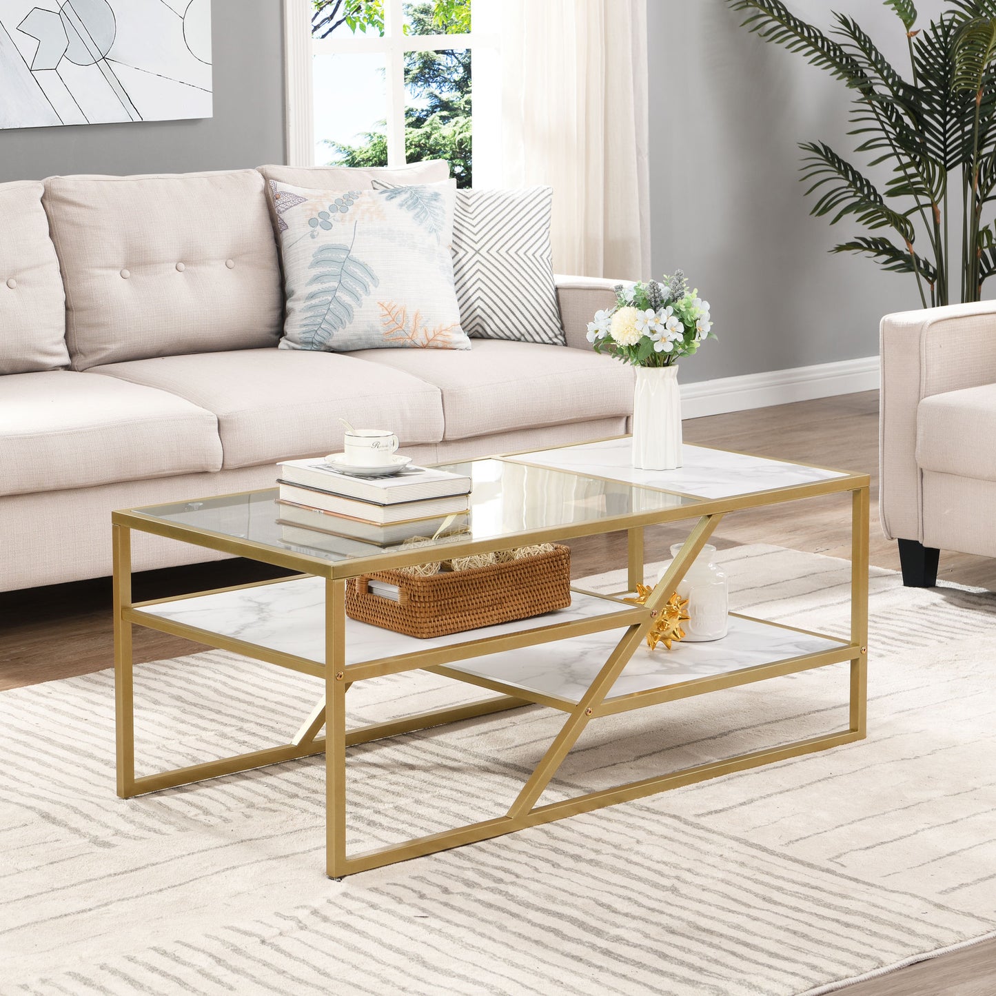 Golden Coffee Table with Storage Shelf; Tempered Glass Coffee Table with Metal Frame