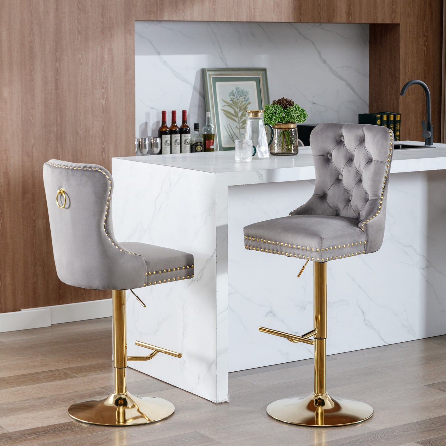 Gray and Gold Velvet Barstools  (Gray, Set of 2)