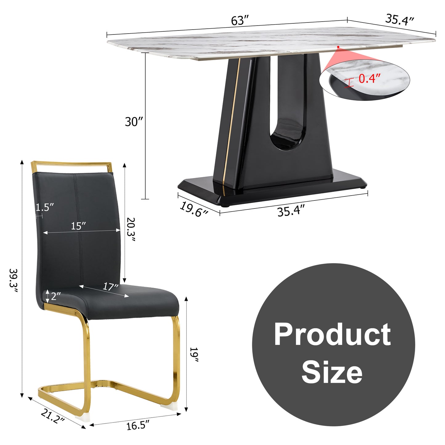 ElegantMarble Rectangular Dining Set - Includes 1 Table and 6 Chairs. Modern, Simple, and Luxurious with Black Imitation Marble Tabletop and 6 Black PU Gold-Plated Leg Chairs.