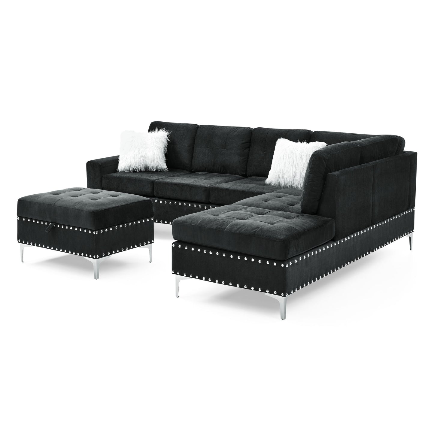 Sectional 3-Seaters Sofa with Reversible Chaise; Storage Ottoman and Cup Holders; Metal Legs and Copper Nails; Two White Villose Pillows ; Black