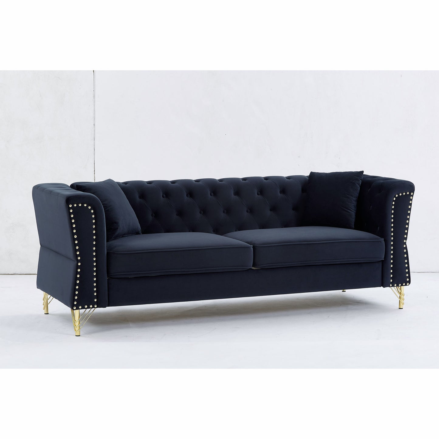 81.8" Chesterfield Sofa Grey Velvet for Living Room, 3-Seater Sofa Tufted Couch with metal foot and Nailhead- two pillows