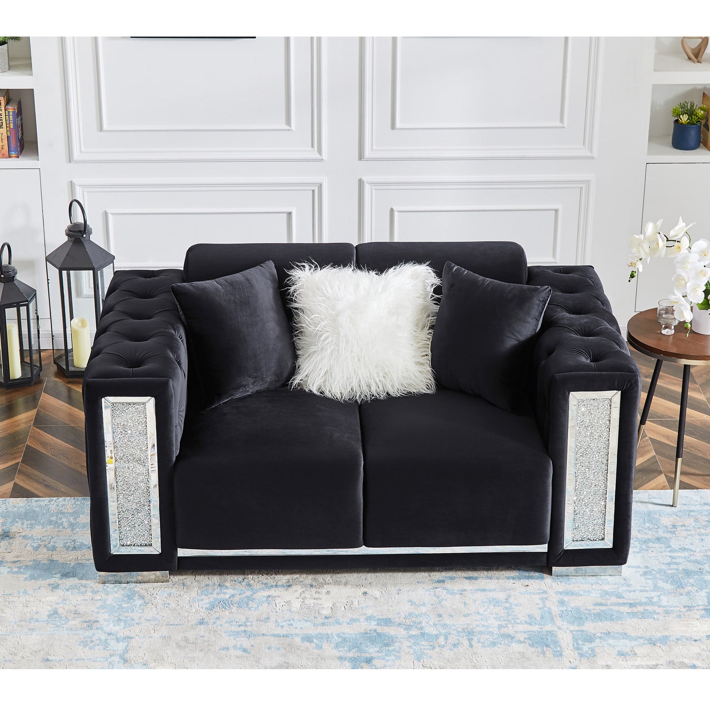 Black Velvet Loveseat for Living Room with Pillows