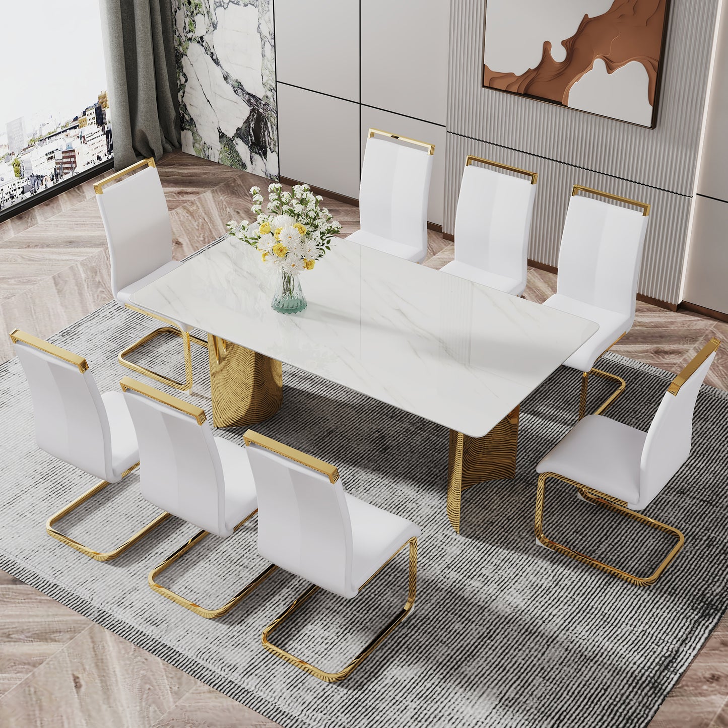 Modern minimalist dining table. The white imitation marble glass desktop is equipped with golden metal legs. Suitable for restaurants and living rooms 71 "* 39.3" * 29.5 "DT-69