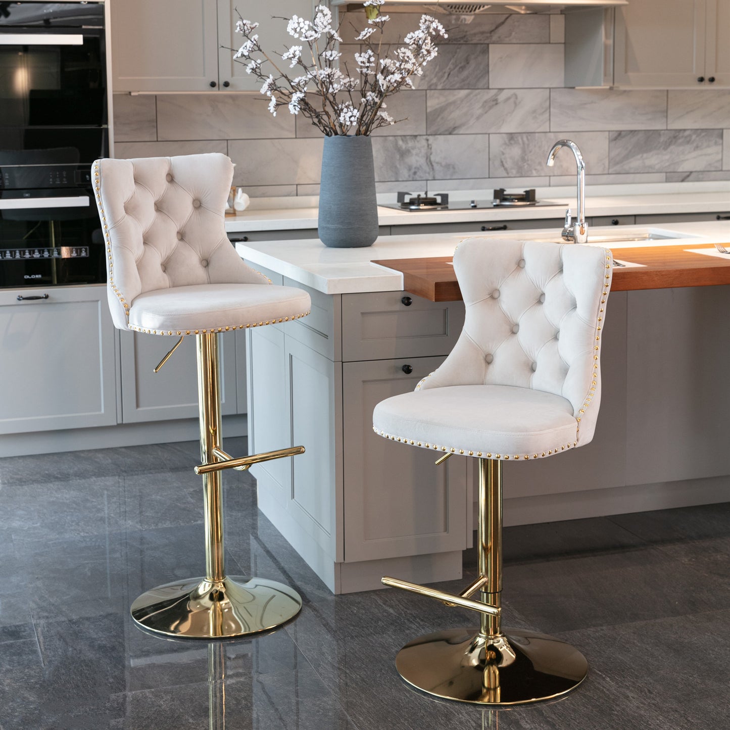 Modern Velvet Gold Studded Barstools