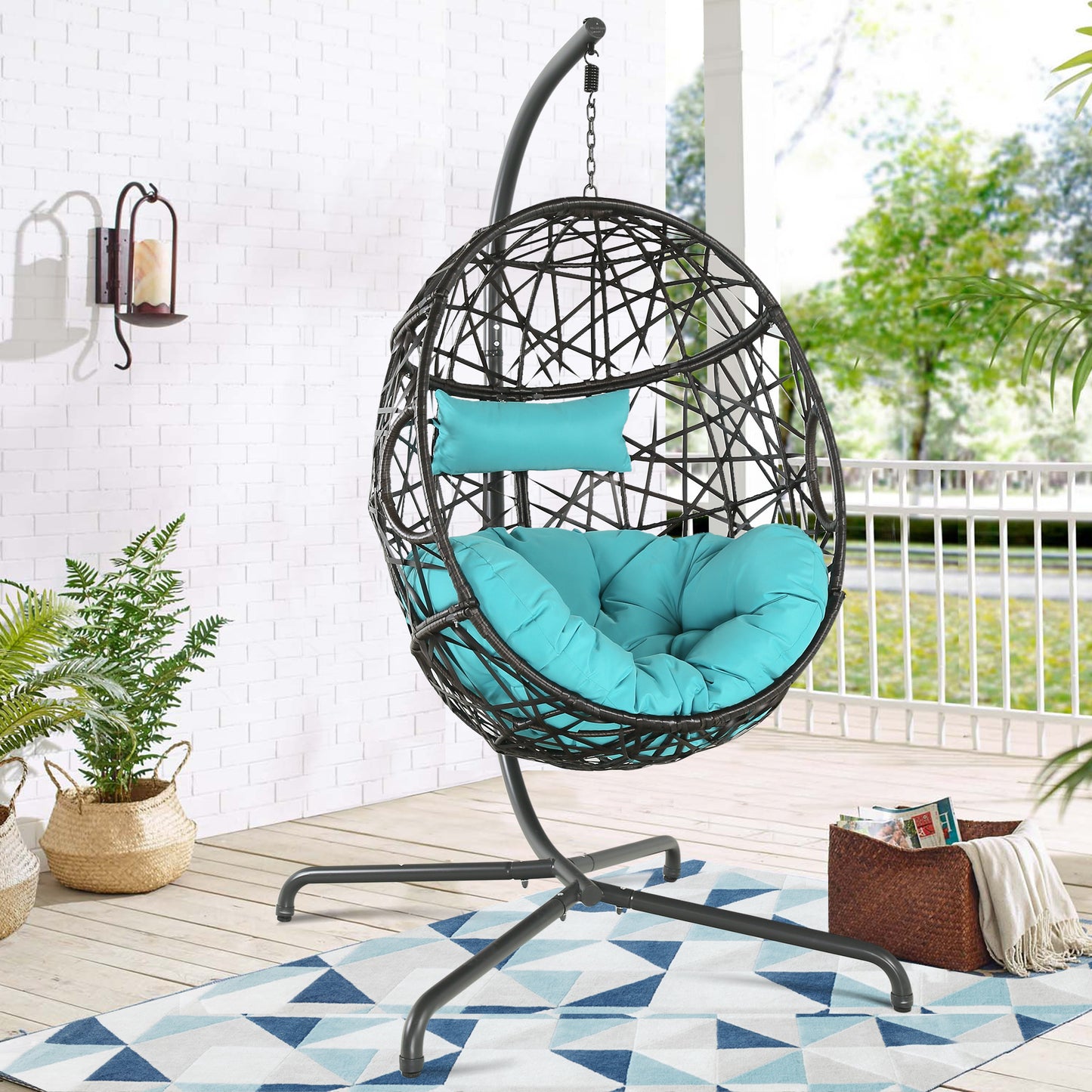 Hanging Egg Chair Outdoor Indoor Patio Swing Chair with UV Resistant Cushion Wicker Rattan Hammock Basket Chair with Stand (Turqoise)