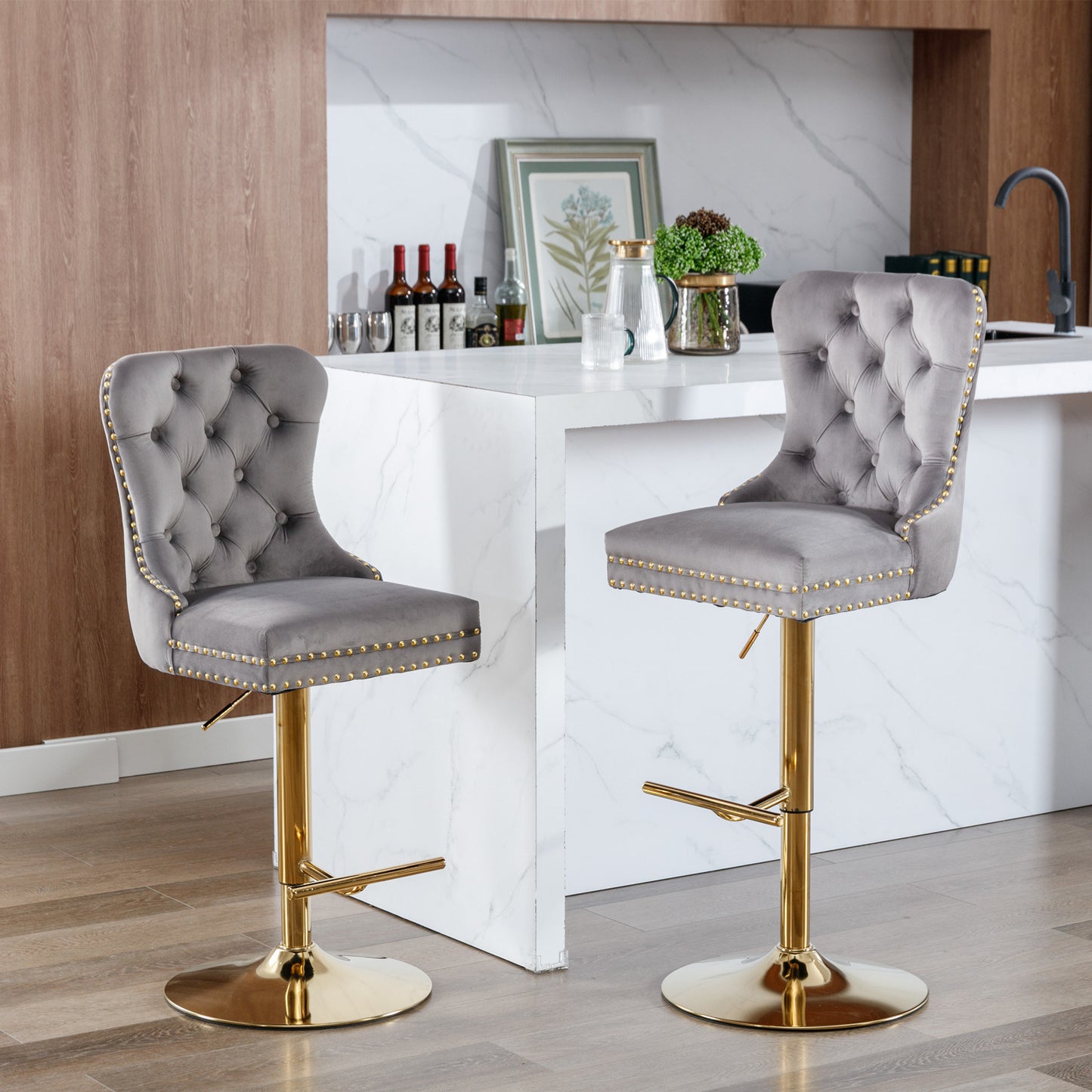 Gray and Gold Velvet Barstools  (Gray, Set of 2)