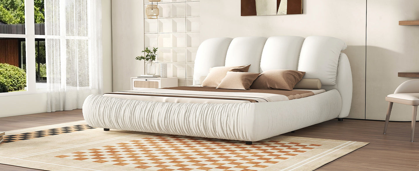 King Size Luxury Upholstered Bed - Leather King Bed with Oversized Padded Backrest, White