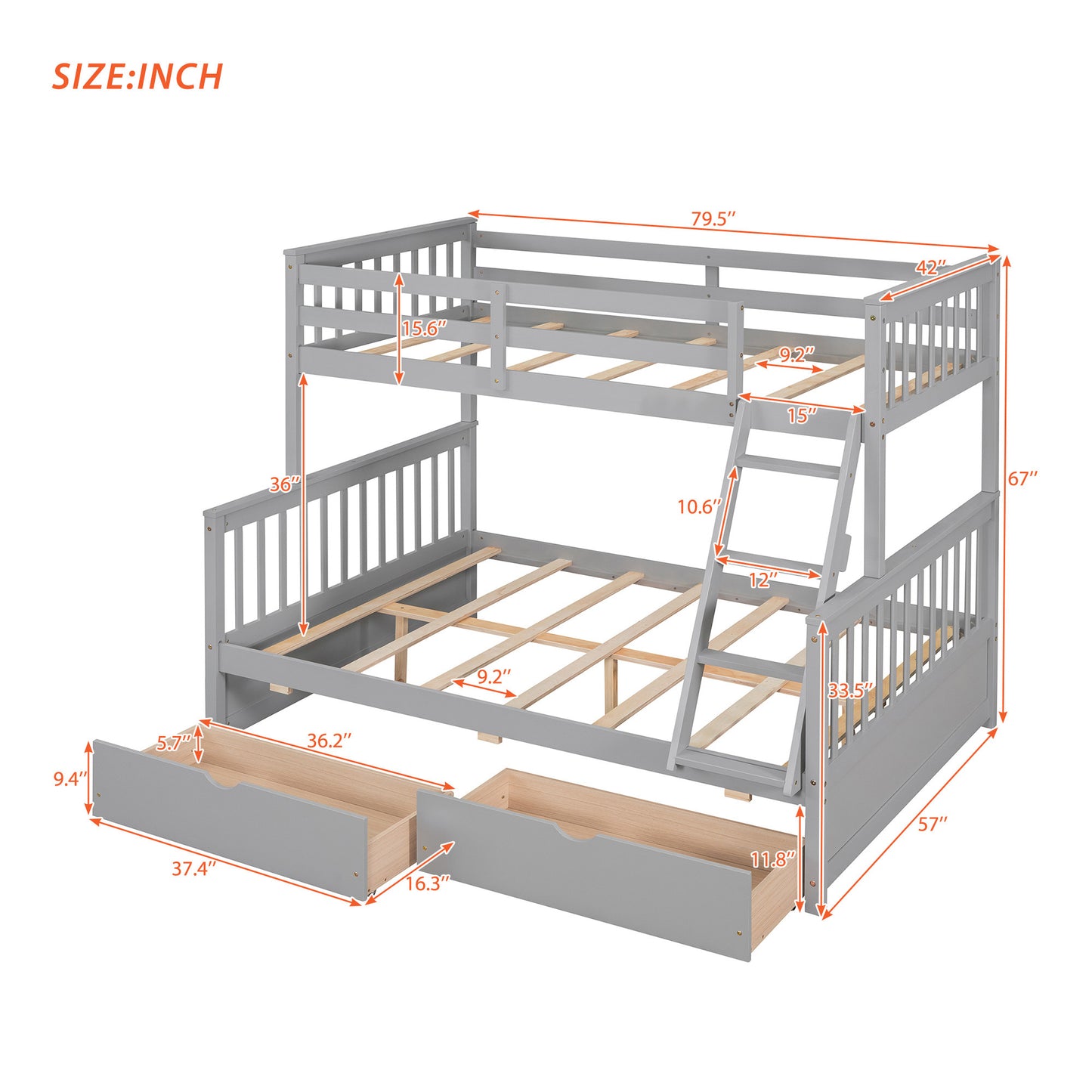 Brown- Twin-Over-Full Bunk Bed with Ladders and Two Storage Drawers