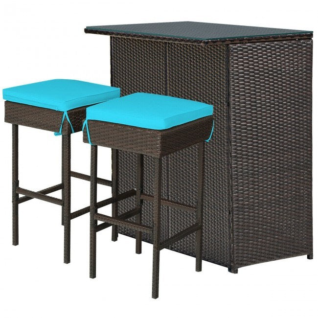 3 Pieces Outdoor Patio Rattan Wicker Bar Set