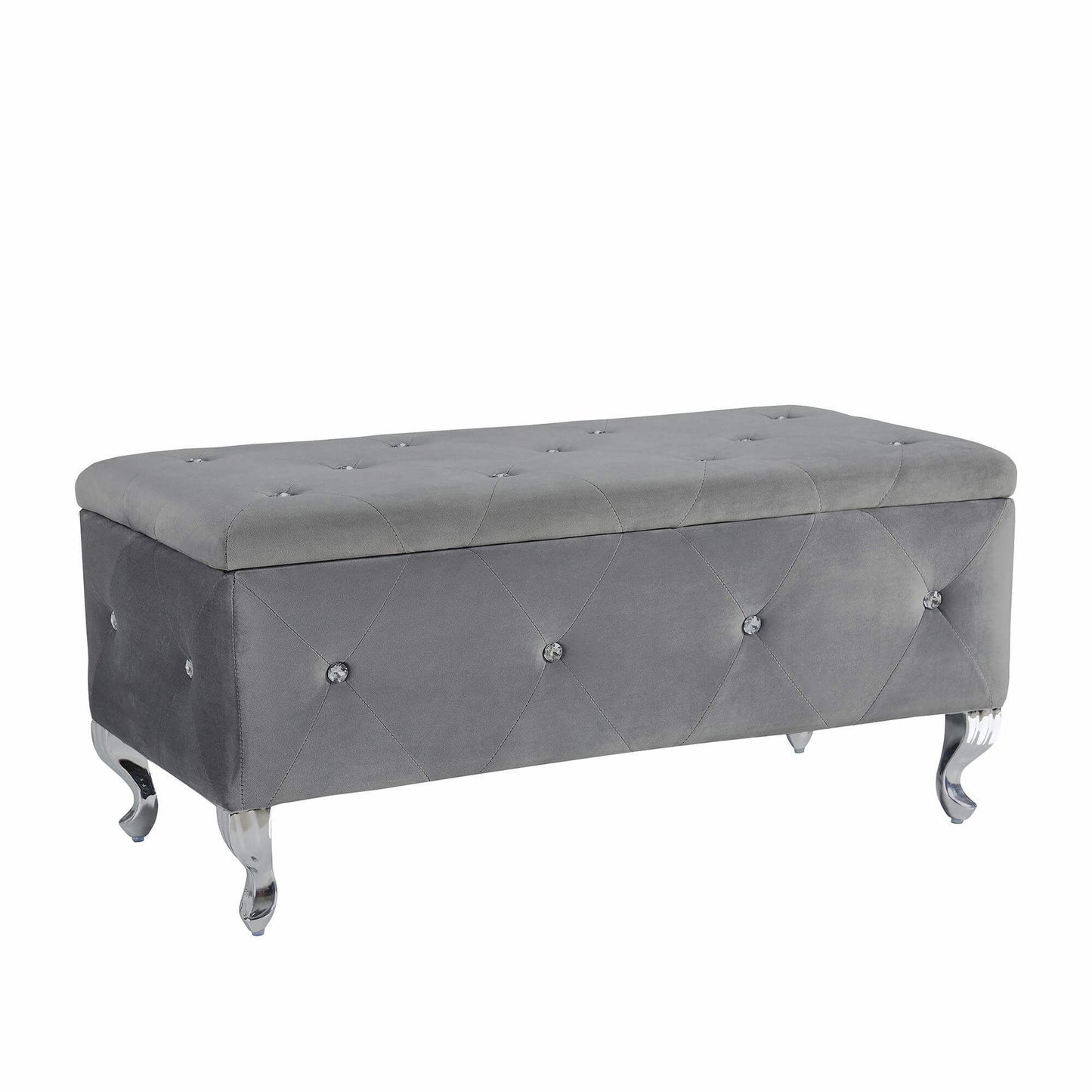 Tufted Storage Ottoman Bench For Bedroom End Of Bed Large Upholstered Storage Benches Footrest With Crystal Buttons For Living Room Entryway (Grey)