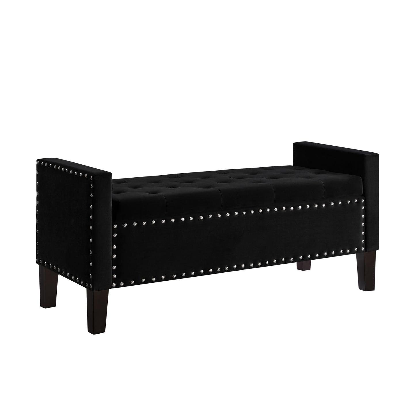 Upholstered Tufted Button Storage Bench with nails trim,Entryway Living Room Soft Padded Seat with Armrest,Bed Bench-Black