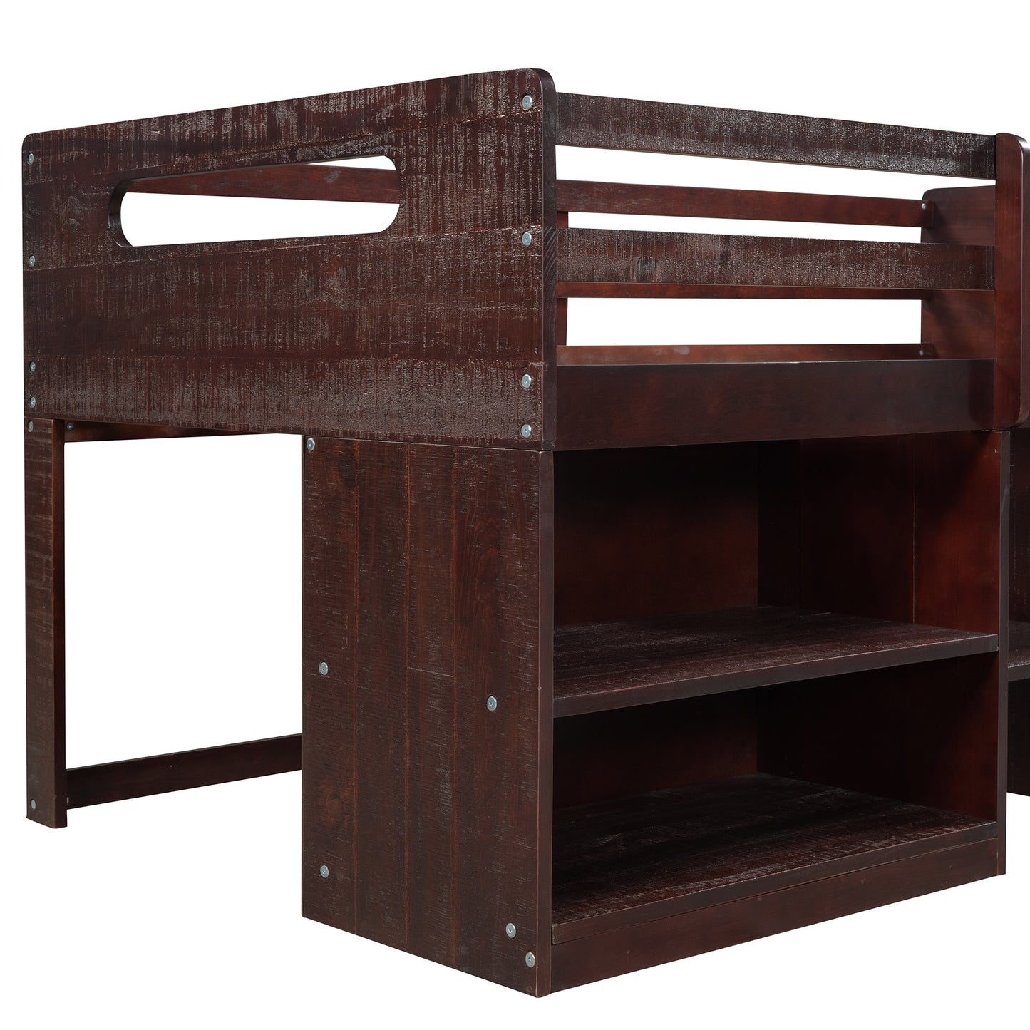 Twin size Loft Bed with Two Shelves and Two drawers