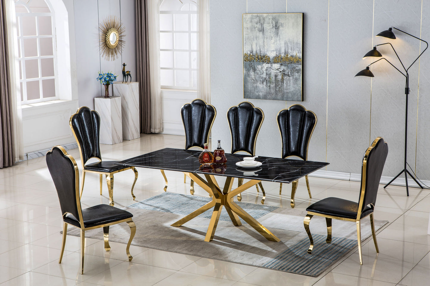 Marble Table for Dining Room/Kitchen, 1.02" Thick Marble Top, Gold Finish Stainless Steel Base, Size:79"Lx39"Dx30"H(Not Including Chairs)