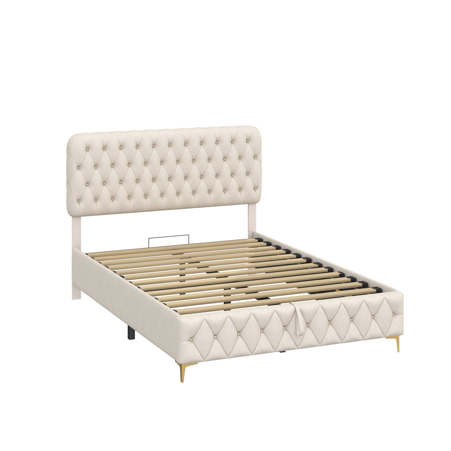 Full Platform Bed Frame With pneumatic hydraulic function, Velvet Upholstered Bed with Deep Tufted Buttons, Lift up storage bed With Hidden Underbed Oversized Storage, BEIGE