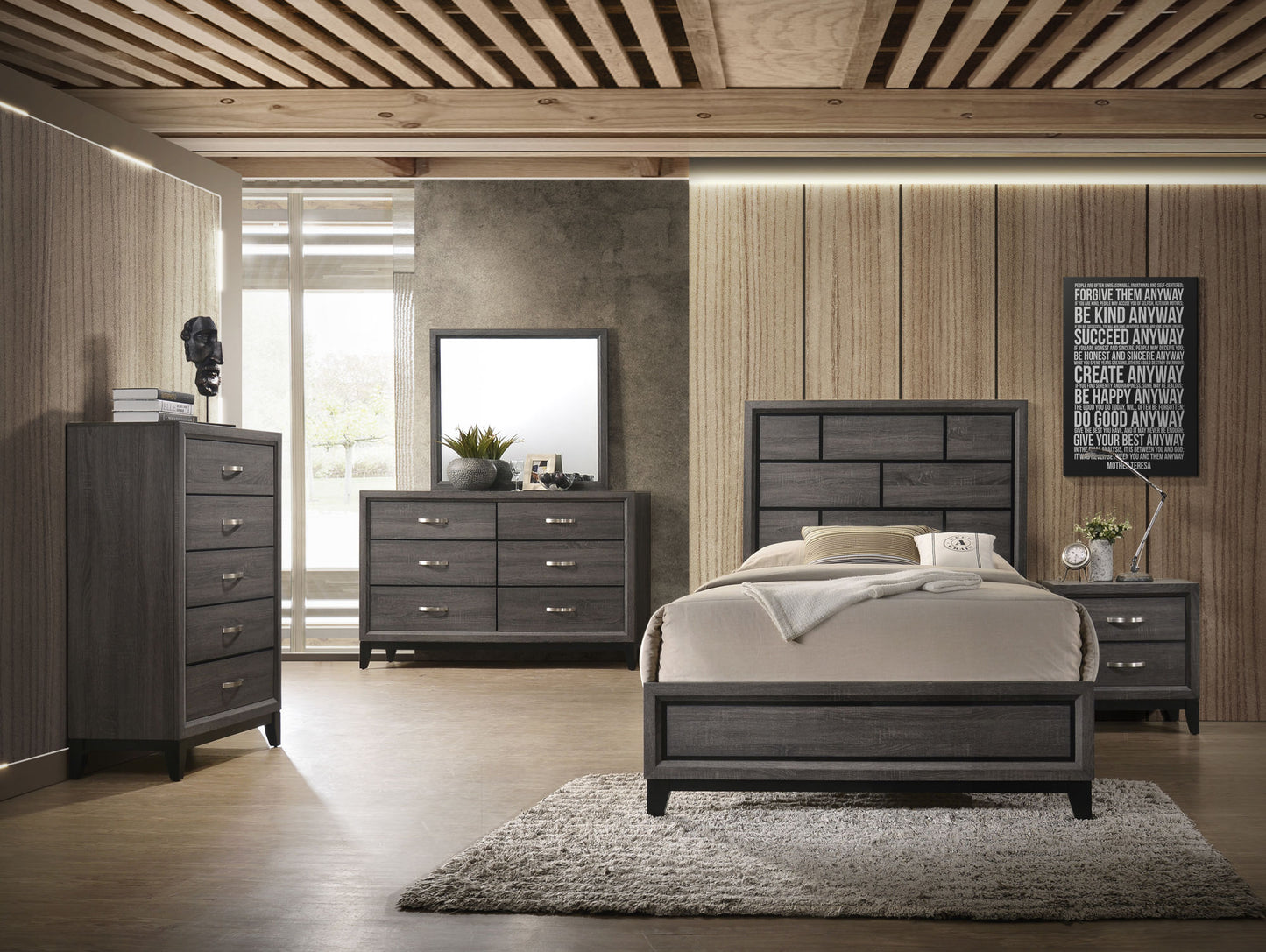 Cotemporary Gray Finish Full Size Panel Low-profile Bed Geometric Design Wooden Bedroom Furniture