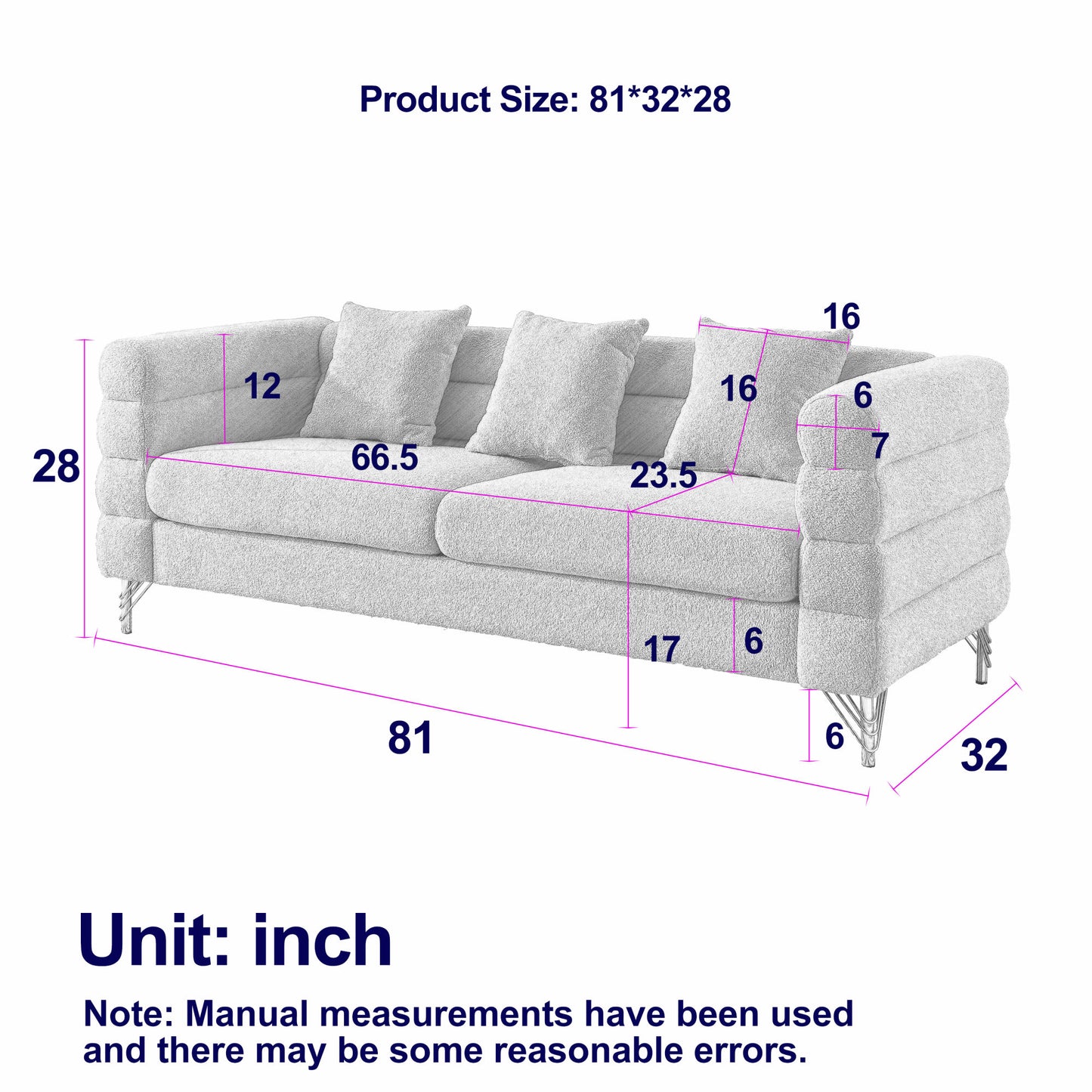 81 Inch Oversized 3 Seater Sectional Sofa, Living Room Comfort Fabric Sectional Sofa - Deep Seating Sectional Sofa, Soft Sitting with 3 Pillows for Living Room, Bedroom, etc., White teddy(Ivory)