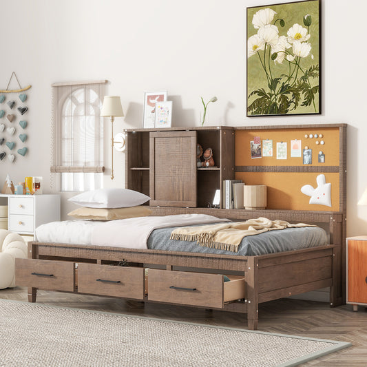 Twin Size Lounge Daybeds, USB Ports and 3 Drawers, Antique Wood Color