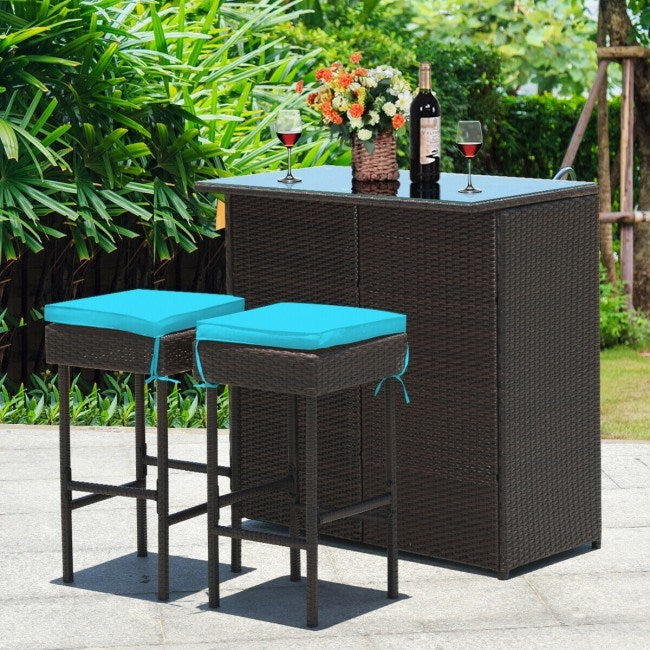 3 Pieces Outdoor Patio Rattan Wicker Bar Set