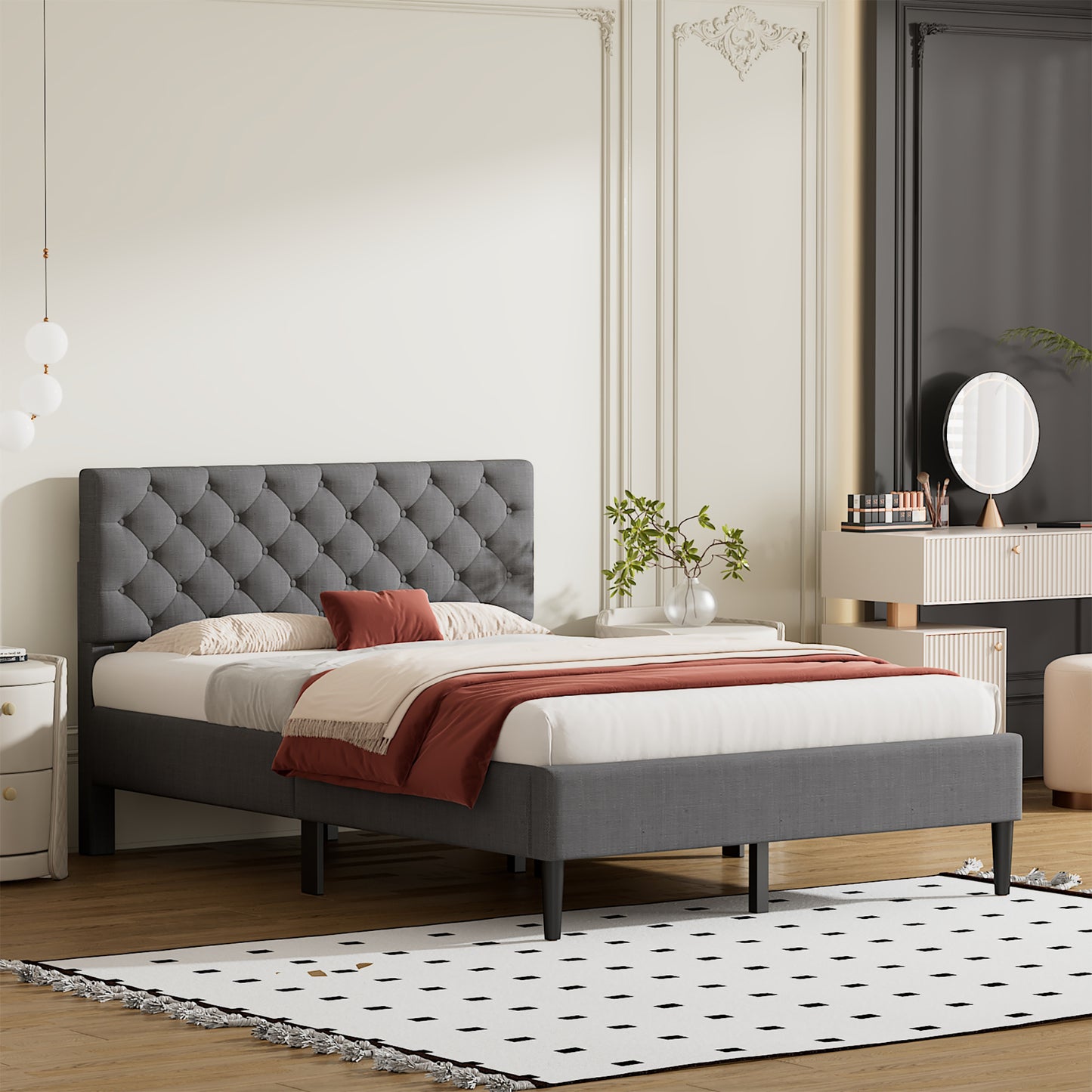 Upholstered Linen Platform Bed, Full Size