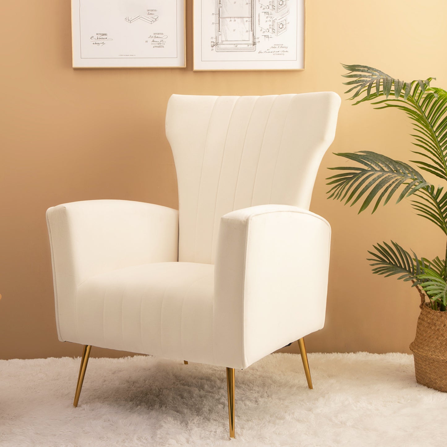 White Velvet Accent Chair; Wingback