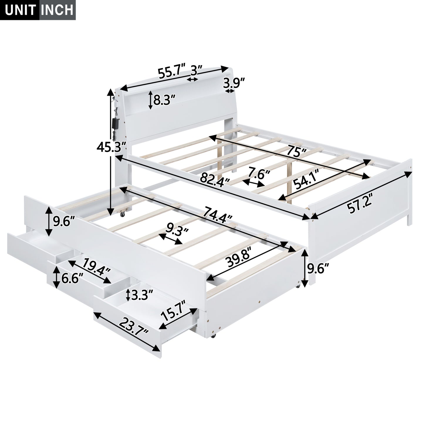 Full Size Platform Bed with Storage LED Headboard, Twin Size Trundle and 3 Drawers, White