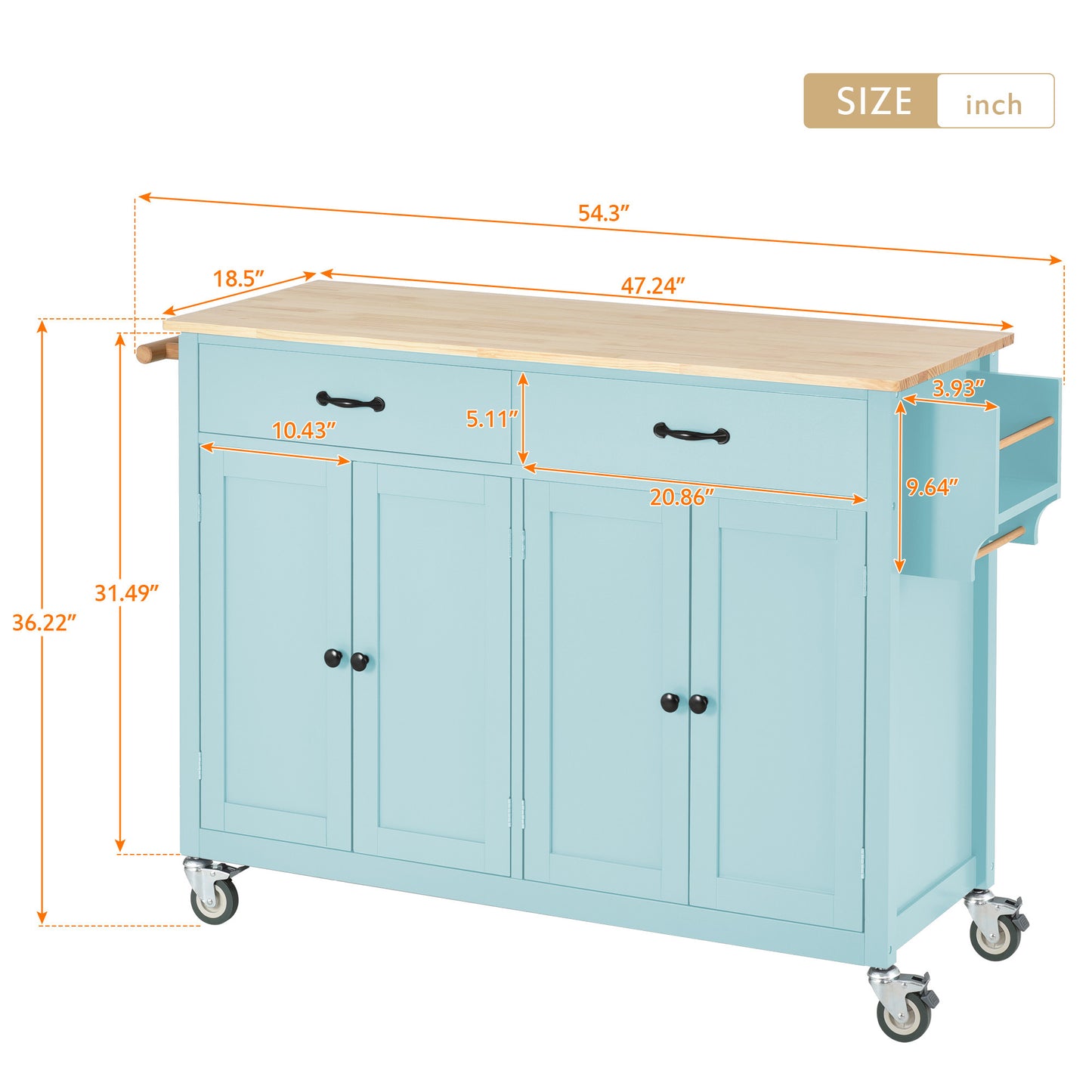 Kitchen Island Cart with 4 Doors (Mint Green)