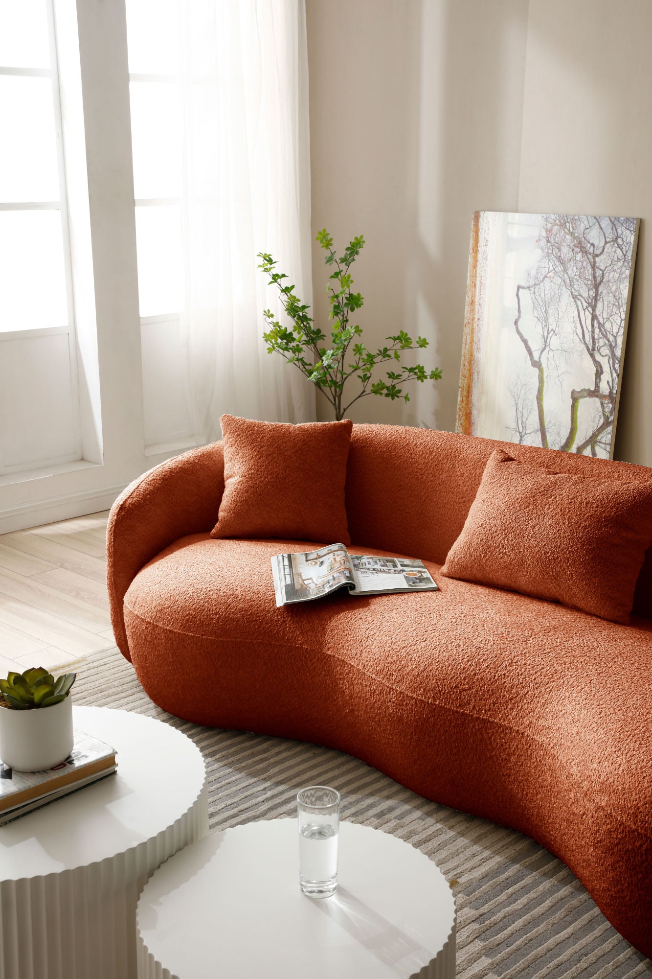 Mid Century Modern Curved Sofa, Boucle Fabric - Orange