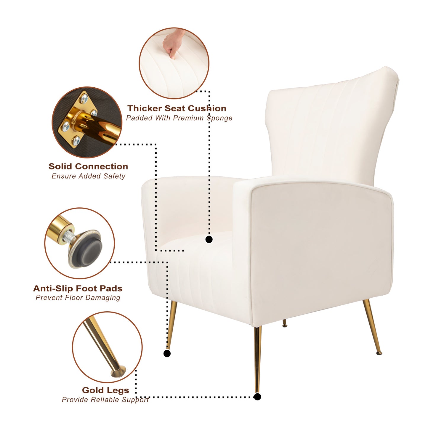 Velvet Accent Chair, Wingback Armchair with Gold Legs, Upholstered Single Sofa, White