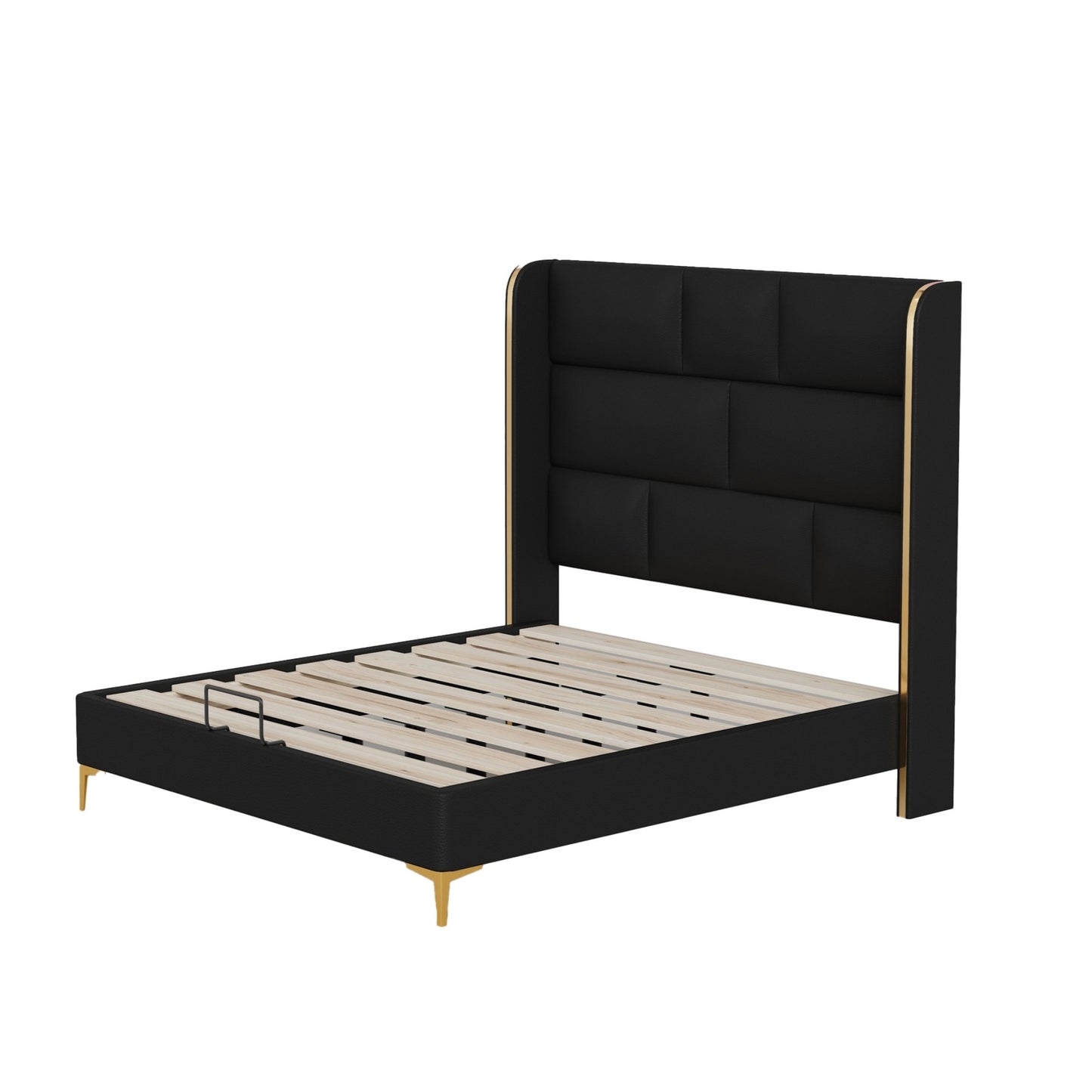 56" Tall Headboard Square Tufted Upholstered Platform Bed , Queen Size Bed Frame with Thickening Pinewooden Slats and Metal Leg, Black