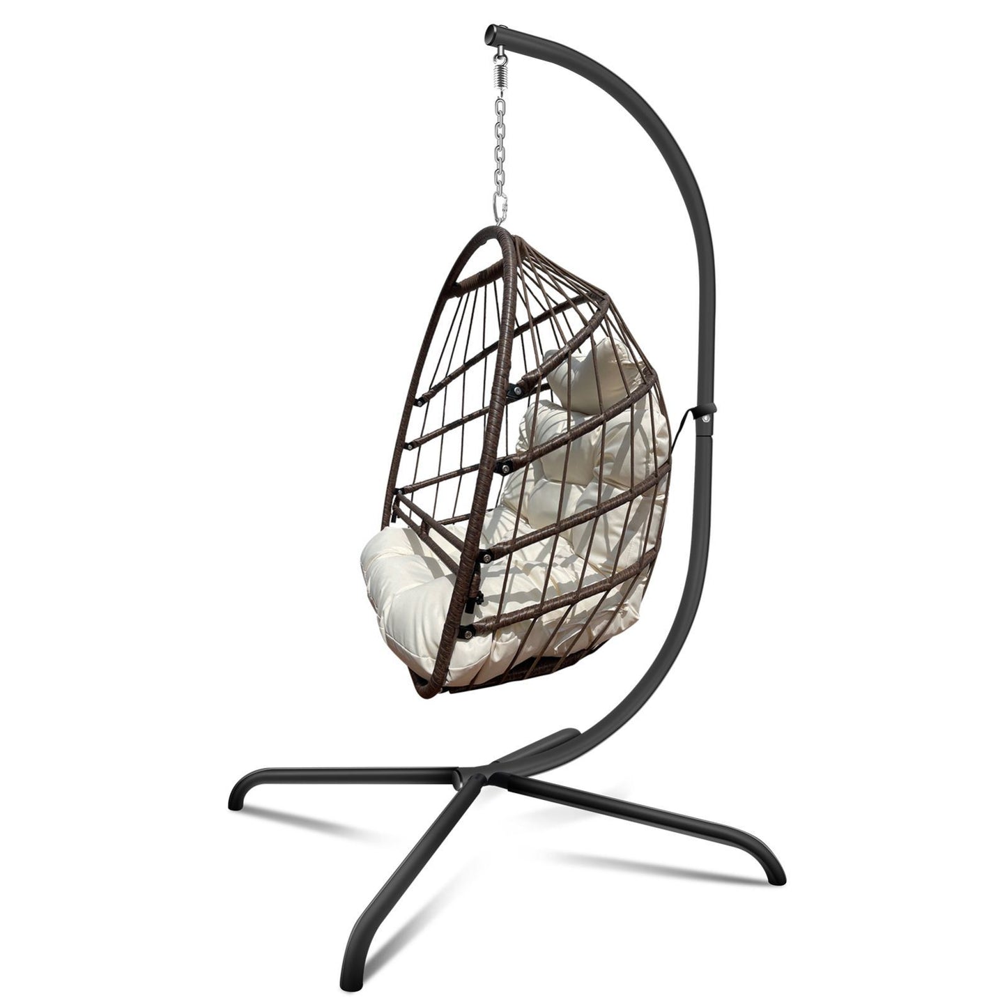 Swing Egg Chair with Stand Indoor Outdoor, UV Resistant Cushion Hanging Chair with Guardrail and Cup Holder, Anti-Rust Foldable Aluminum Frame Hammock Chair, 350lbs Capacity for Porch Backyard