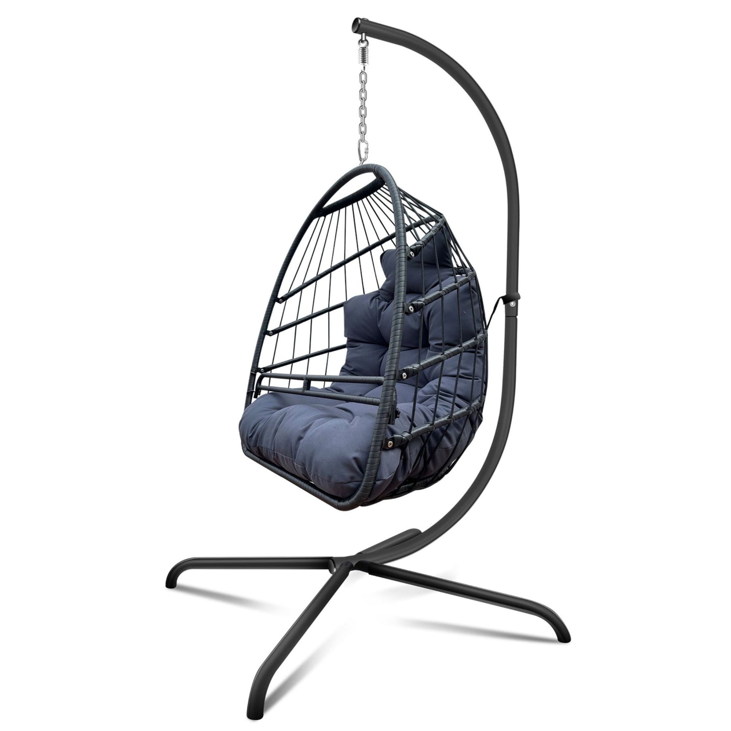 Swing Egg Chair with Stand Indoor Outdoor, UV Resistant Cushion Hanging Chair with Guardrail and Cup Holder, Anti-Rust Foldable Aluminum Frame Hammock Chair, 350lbs Capacity for Porch Backyard