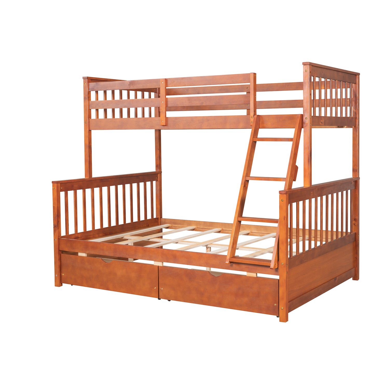 Brown- Twin-Over-Full Bunk Bed with Ladders and Two Storage Drawers