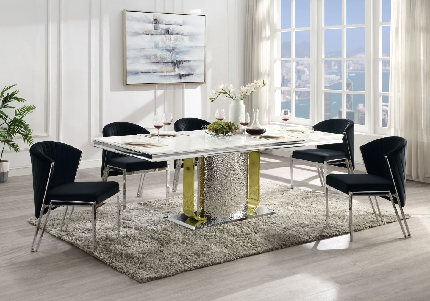 Fallon Side Chair (Set-2), Black Velvet & Mirrored Silver Finish