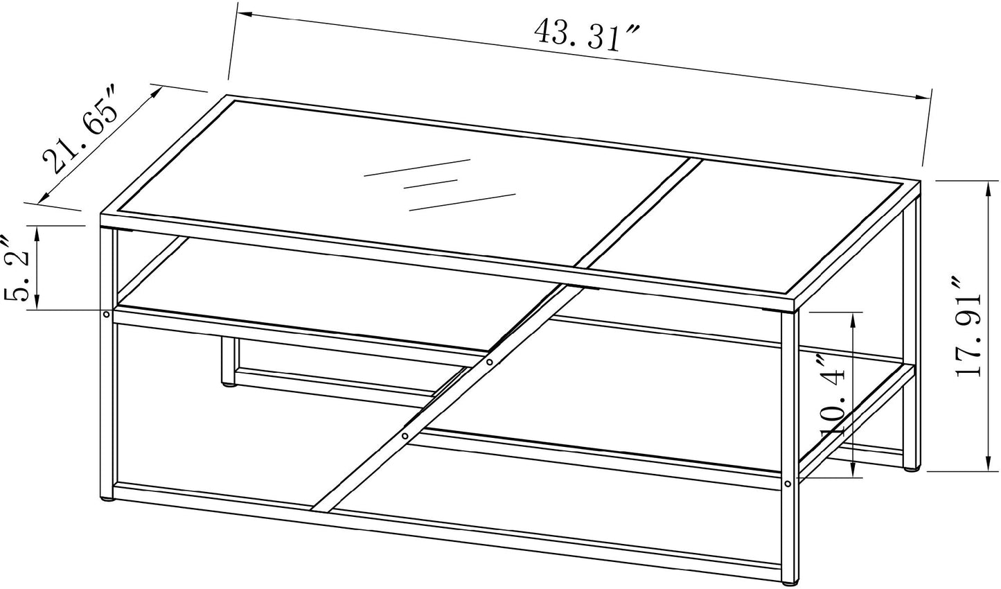 Golden Coffee Table with Storage Shelf; Tempered Glass Coffee Table with Metal Frame