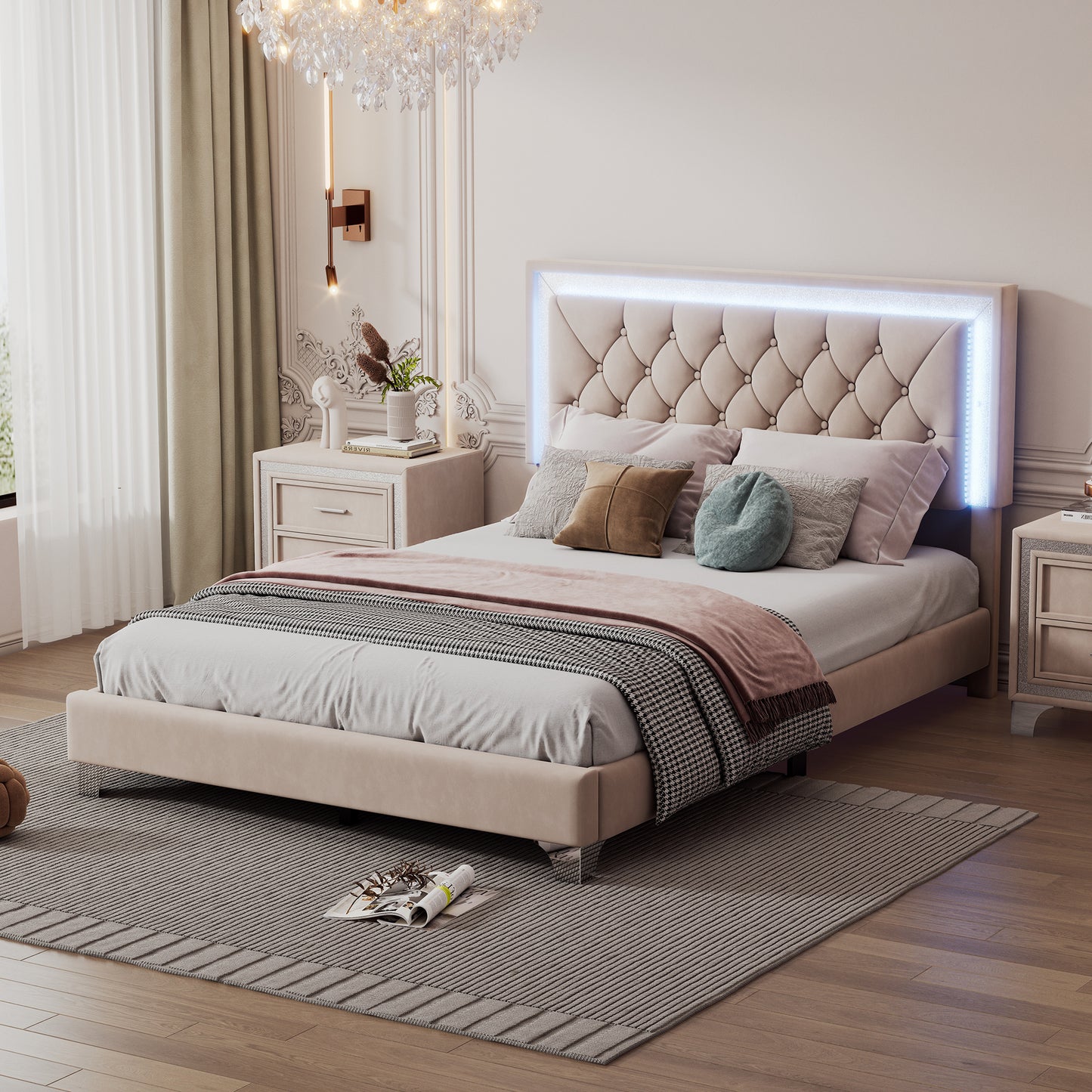 Full Size Upholstered Bed Frame with LED Lights,Modern Velvet Platform Bed with Tufted Headboard,Beige