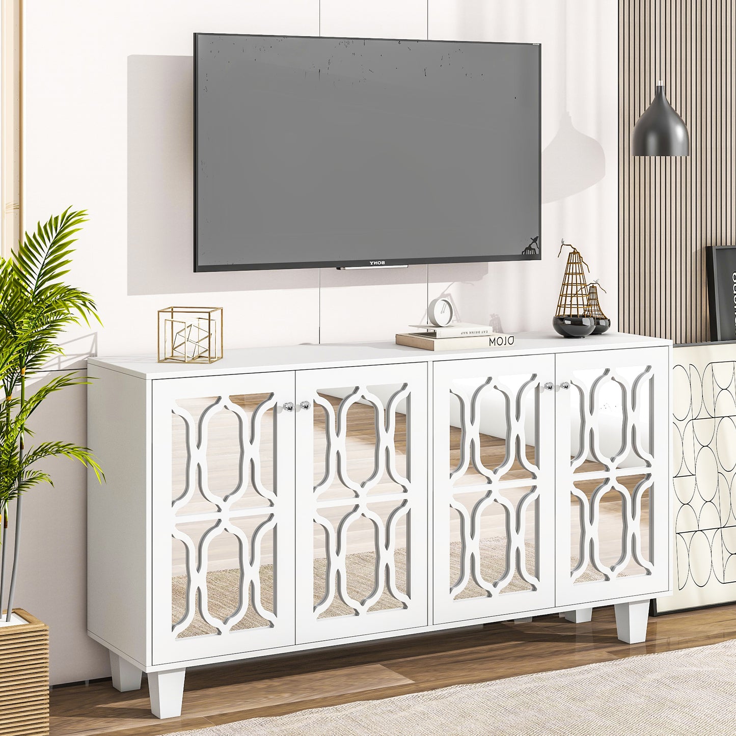 ON-TREND Buffet Cabinet with Adjustable Shelves, 4-Door Mirror Hollow-Carved TV stand for TVs Up to 70'', Multi-functional Console Table with Storage Credenza Accent Cabinet for Living Room, White