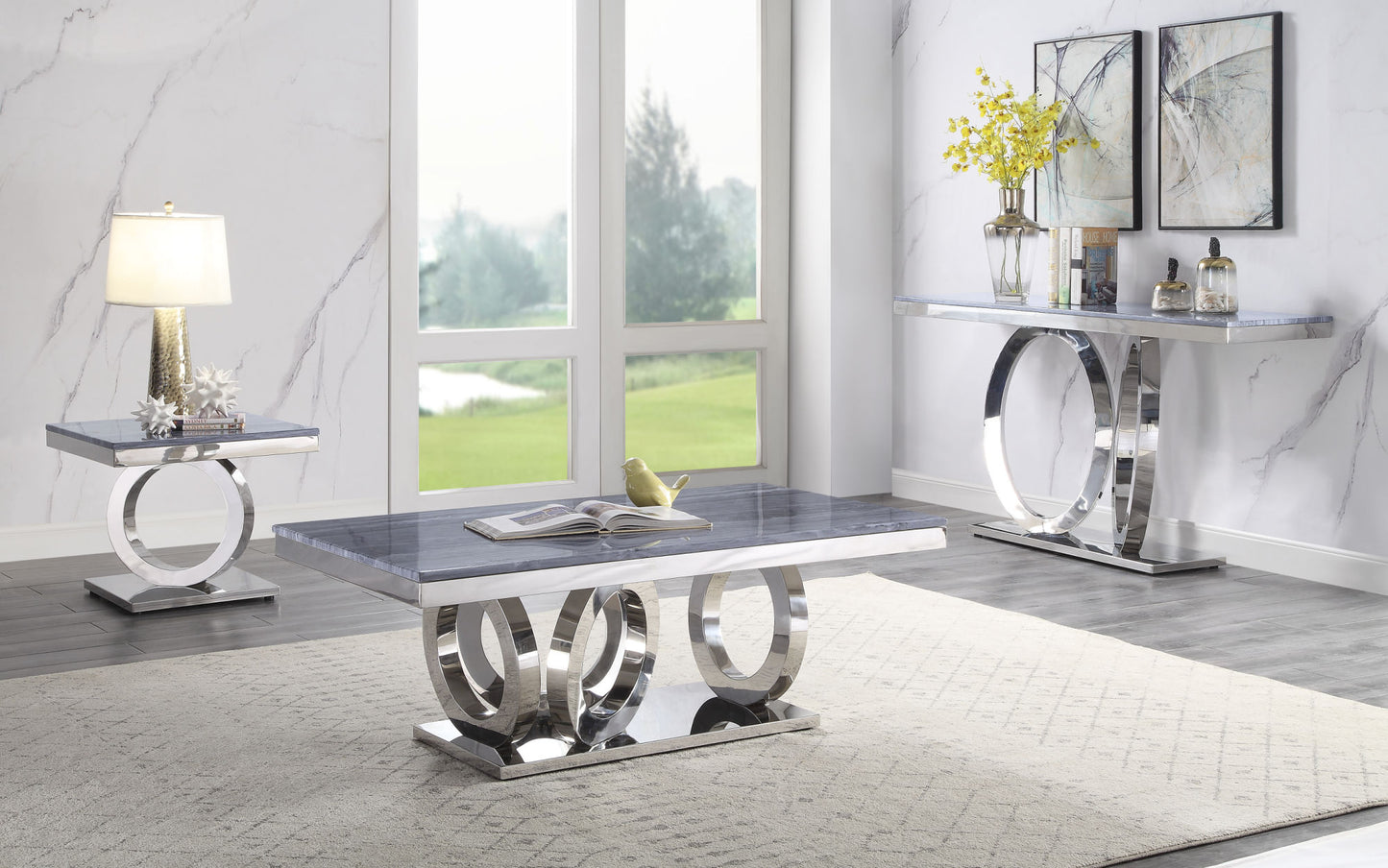 ACME Zasir Coffee Table, Gray Printed Faux Marble & Mirrored Silver Finish