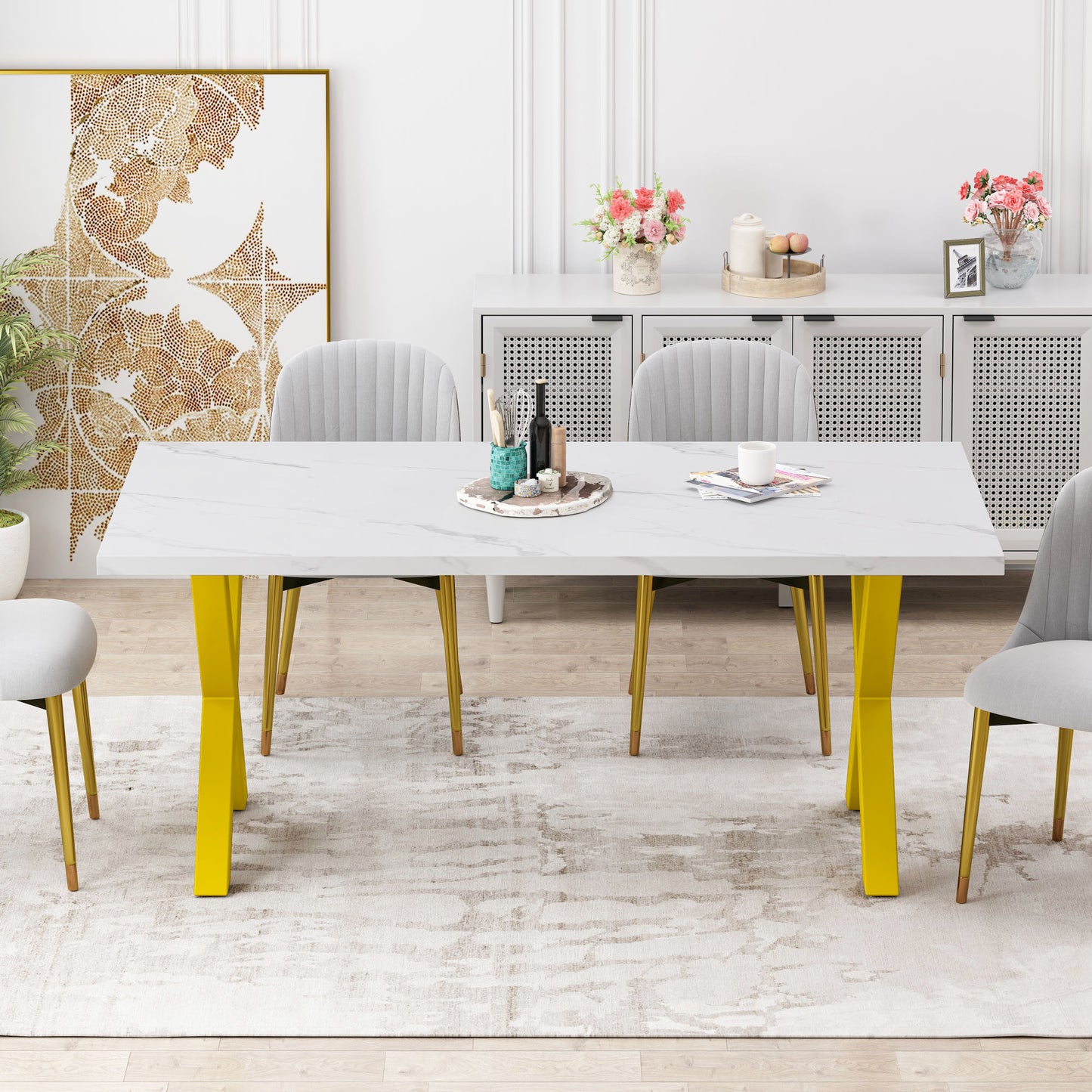 70.87\"Modern Square Dining Table with Printed  Marble Table Top+ X-Shape Table Leg