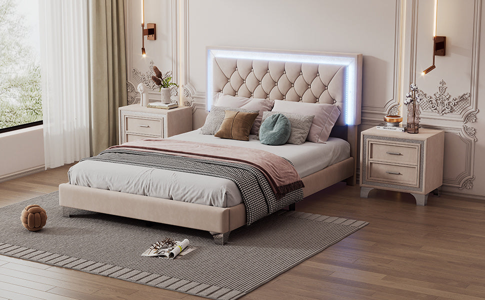 Full Size Upholstered Bed Frame with LED Lights,Modern Velvet Platform Bed with Tufted Headboard,Beige