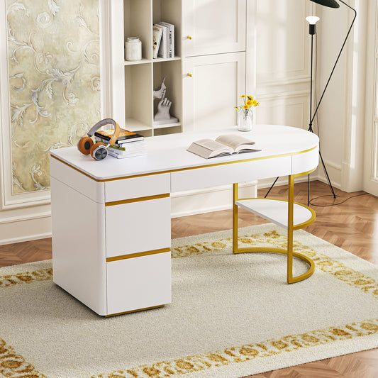 60''Modern Executive Desk,White Curved Computer Desk with Gold Metal Legs,3-Drawers Home Office Desk, Gold+White