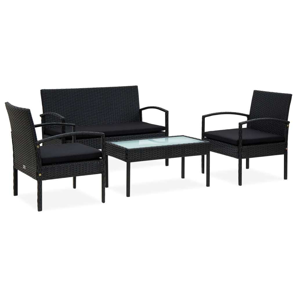 4 Piece Patio Lounge Set with Cushions Poly Rattan Black