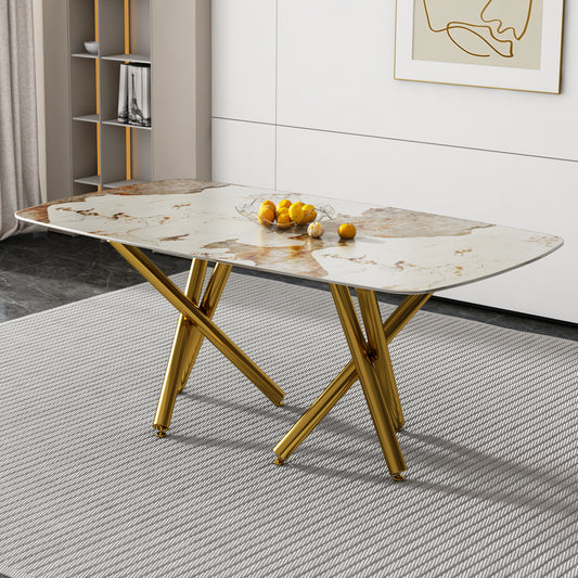 SleekMarble Rectangular Dining Table - Features a 0.39-inch Imitation Marble Top and Elegant Gold-Plated Metal Legs