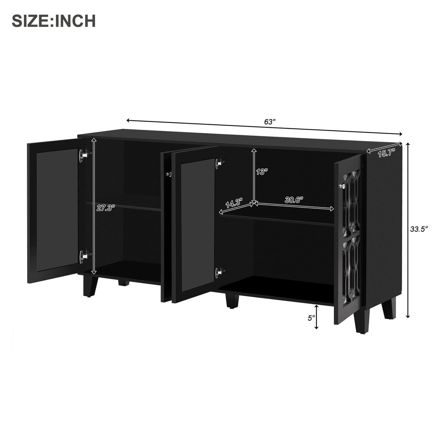 ON-TREND Buffet Cabinet with Adjustable Shelves, 4-Door Mirror Hollow-Carved TV stand for TVs Up to 70'', Multi-functional Console Table with Storage Credenza Accent Cabinet for Living Room, Black