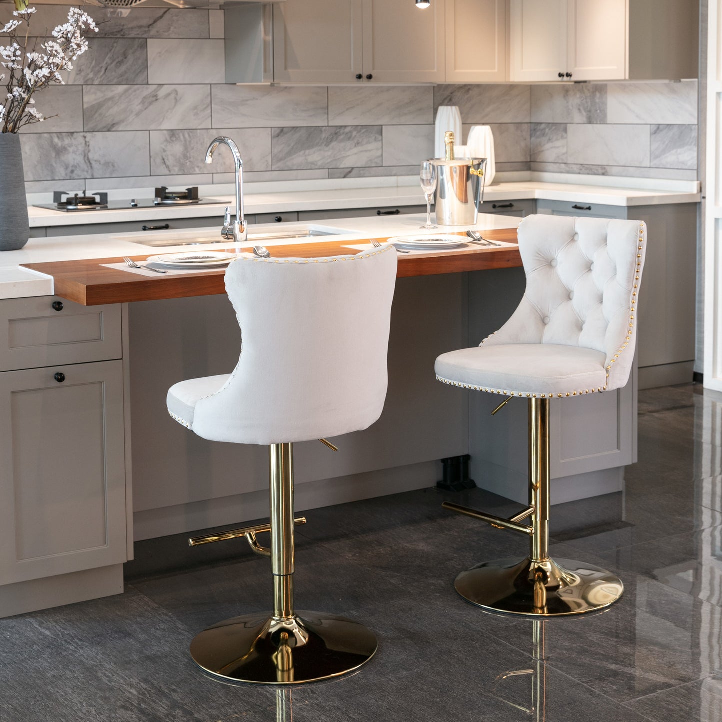 Modern Velvet Gold Studded Barstools