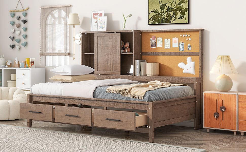 Twin Size Lounge Daybeds, USB Ports and 3 Drawers, Antique Wood Color