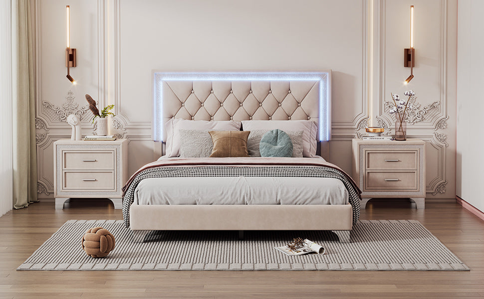 Full Size Upholstered Bed Frame with LED Lights,Modern Velvet Platform Bed with Tufted Headboard,Beige