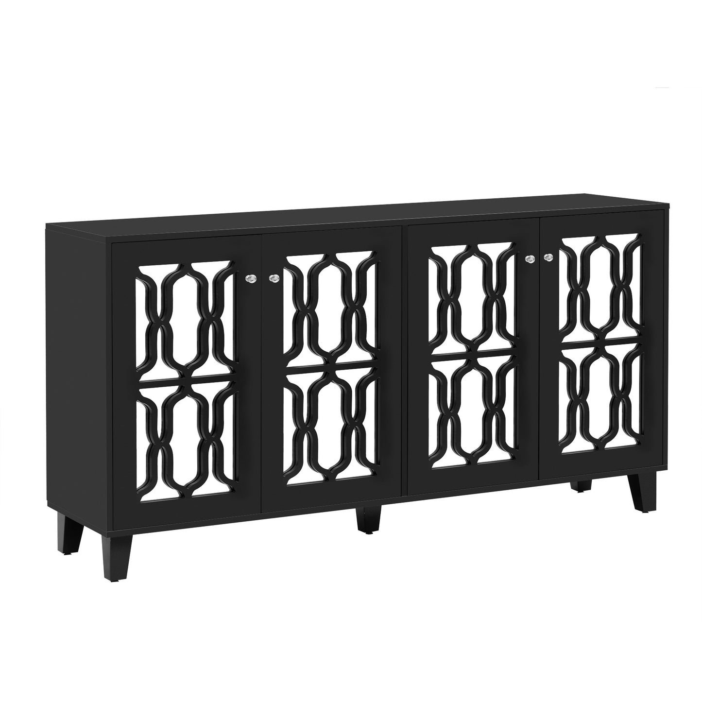 ON-TREND Buffet Cabinet with Adjustable Shelves, 4-Door Mirror Hollow-Carved TV stand for TVs Up to 70'', Multi-functional Console Table with Storage Credenza Accent Cabinet for Living Room, Black